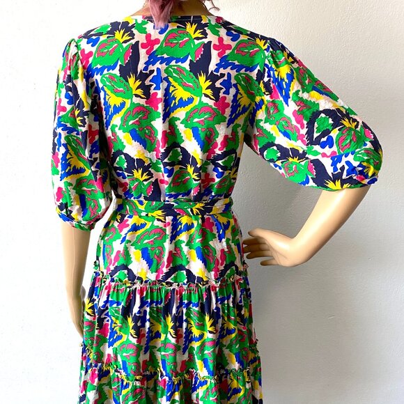 XS Summer Dress Ruffled Tiered Skirt Puffed Sleeves Colorful Abstract Botanical - Picture 5 of 9